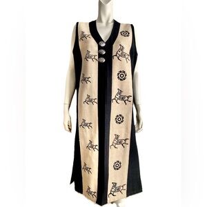 Vintage LONG PETROGLYPHS VEST 1990s Duster EYE BUTTONS Horse Southwestern MED